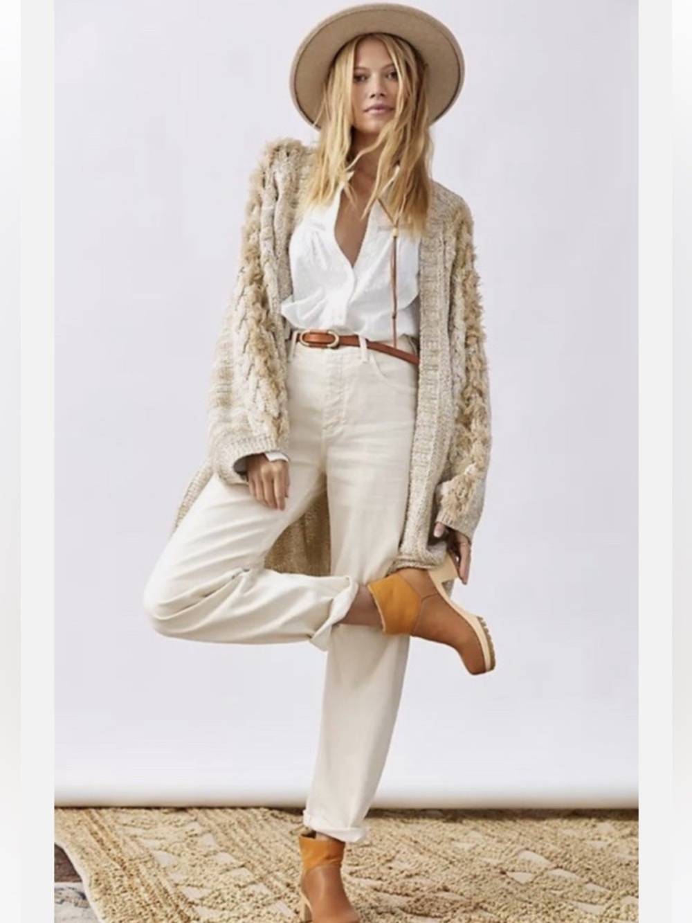 ANTHROPOLOGIE Braided Fringe Trim Sleeve Oversized Boho Cardigan, Beige, O/S